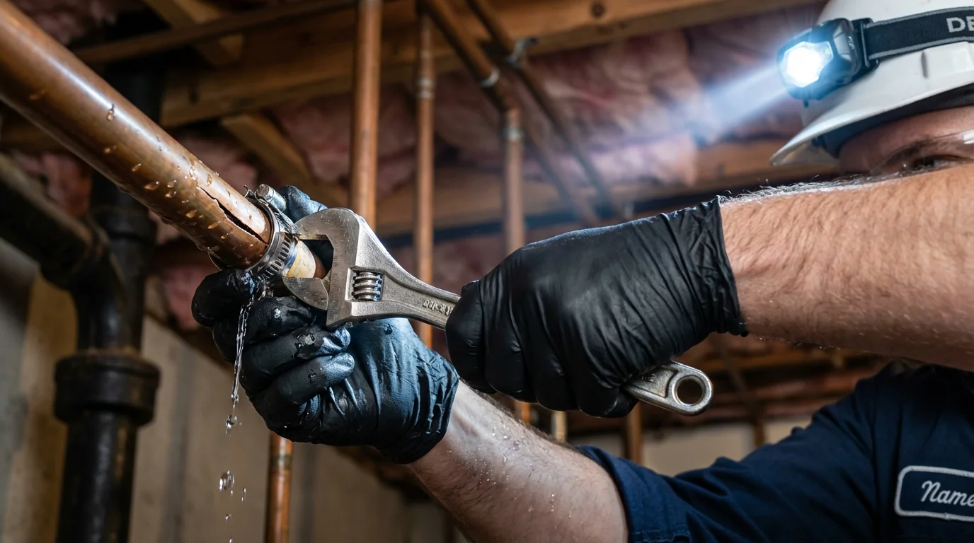 Emergency pipe clamp repair being performed by a Johns Plumbing LLC plumber in Potomac