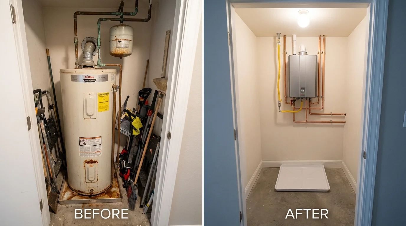 Tank water heater versus wall-mounted tankless unit comparison for Potomac, MD homeowners
