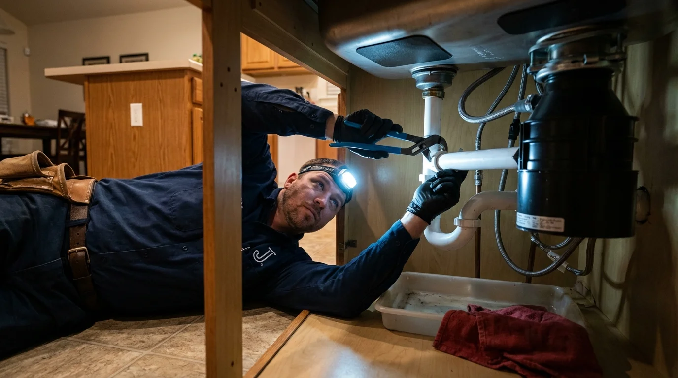 P-trap and supply line connections under a kitchen sink showing a common leak point in Potomac, MD